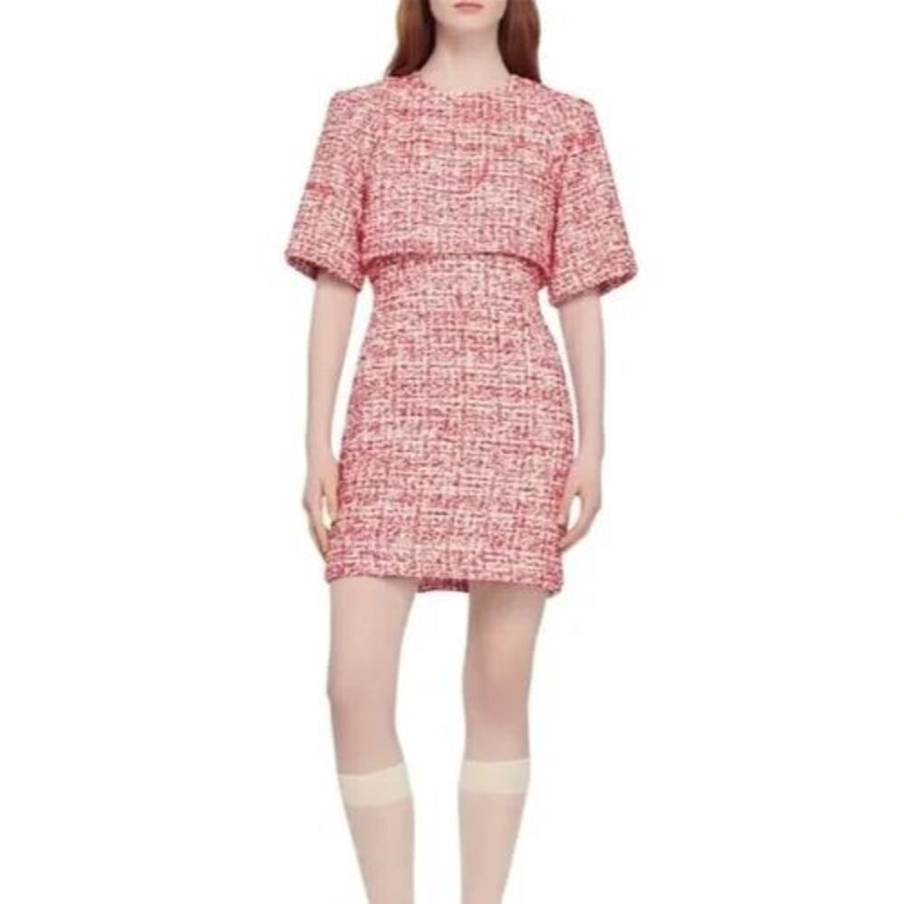 Sandro "Agy" Metallic Tweed Layered Look Mini Dress Sz 40 (US 8) Red Pink EUC!